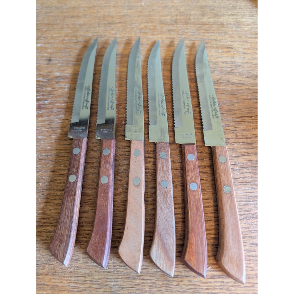 Vintage Color Craft Steak Knife Set 6pc Stainless Steel Wood Handle 1970s Retro